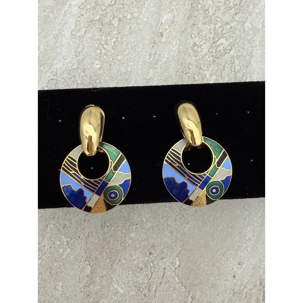 Vintage 80s Enamel Door Knocker Pierced Earrings Gold Tone Geometric Art Deco